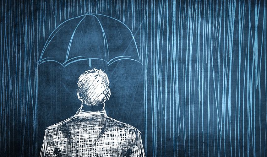 sketch of man holding umbrella in rain